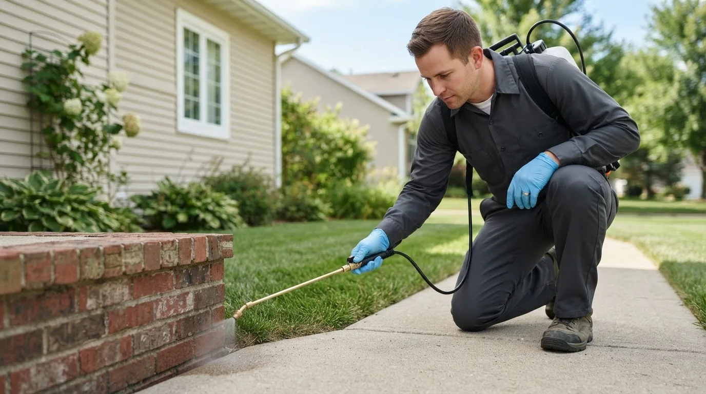Pest control technician treating a home near Dennysville, ME