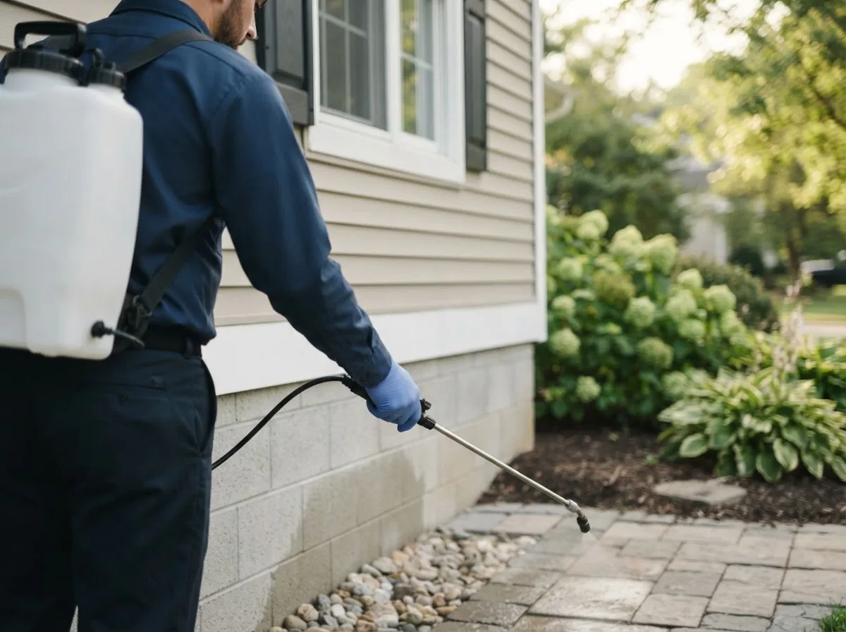 Pest control technician inspecting a home in Dennysville, ME
